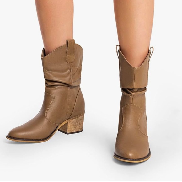 DREAM PAIRS Women's Modern Western Cowboy Boots, Mid Calf Round toe Chunky Heel - Picture 2 of 5